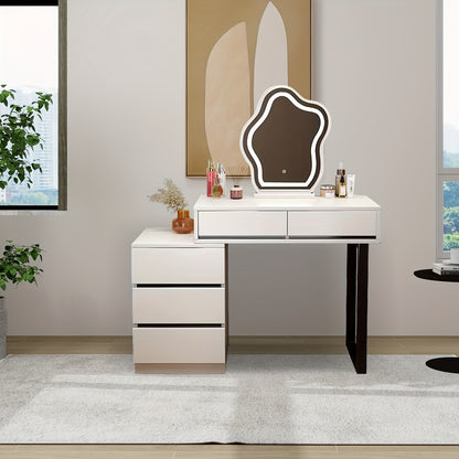 Makeuptafel – Kaptafel – Make-up Tafel – Schminktisch – Cosmetica Tafel – 5 Lades – MDF Met Metaal – Modern Wit Met Spiegel – Compact & Ruim Opbergmeubel – 69 cm Hoog - QUORE
