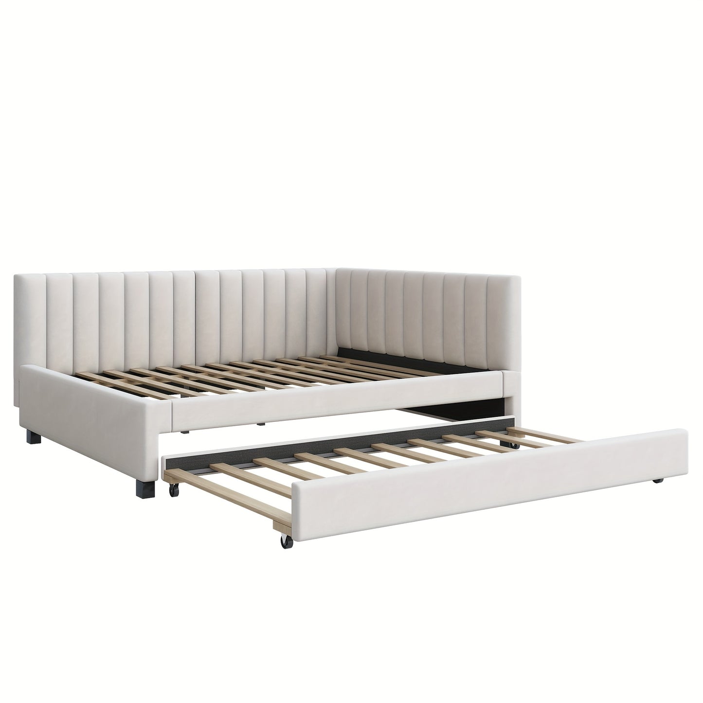 Bedbank – Slaapbank – Slaapstoel – Futon – Logeerbed – Modern Fluwelen Beige – Uitschuifbaar 140x200 cm – Massief Houten Frame Met Lattenbodem