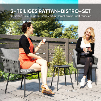 3-delig Tuinset – Balkonset – Bistroset – Terrasset – Loungeset – Kunstrotan – Stalen Frame – Metalen Tafelblad – Waterafstotende Kussens – Compact Design Grijs