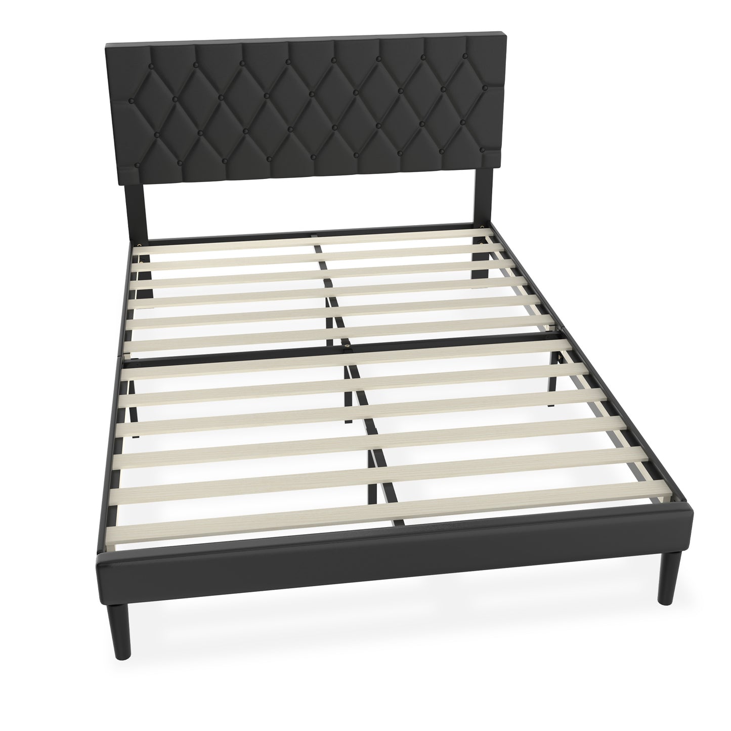 Bedframe – Logeerbed – Metalen Bed – Gestoffeerd Bed – Bedombouw – Faux Leder Hoofdbord – 12 Latten – Maximale Draagkracht 300 kg