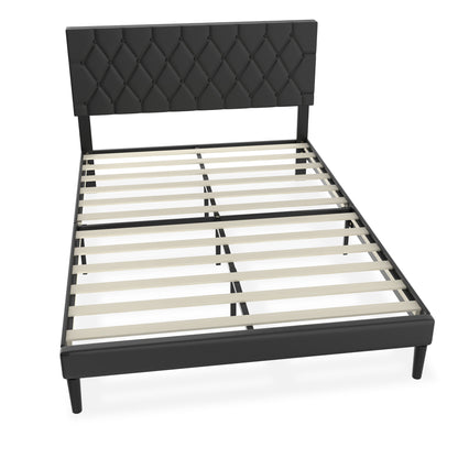 Bedframe – Logeerbed – Metalen Bed – Gestoffeerd Bed – Bedombouw – Faux Leder Hoofdbord – 12 Latten – Maximale Draagkracht 300 kg