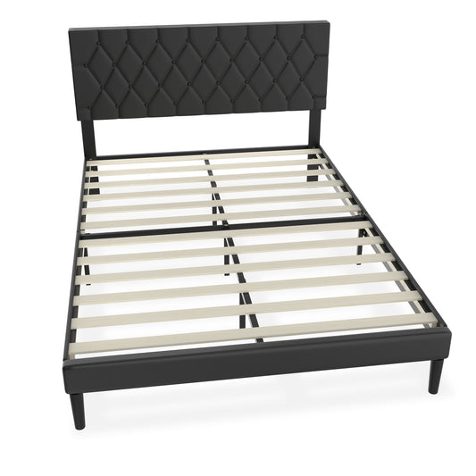 Bedframe – Logeerbed – Metalen Bed – Gestoffeerd Bed – Bedombouw – Faux Leder Hoofdbord – 12 Latten – Maximale Draagkracht 300 kg