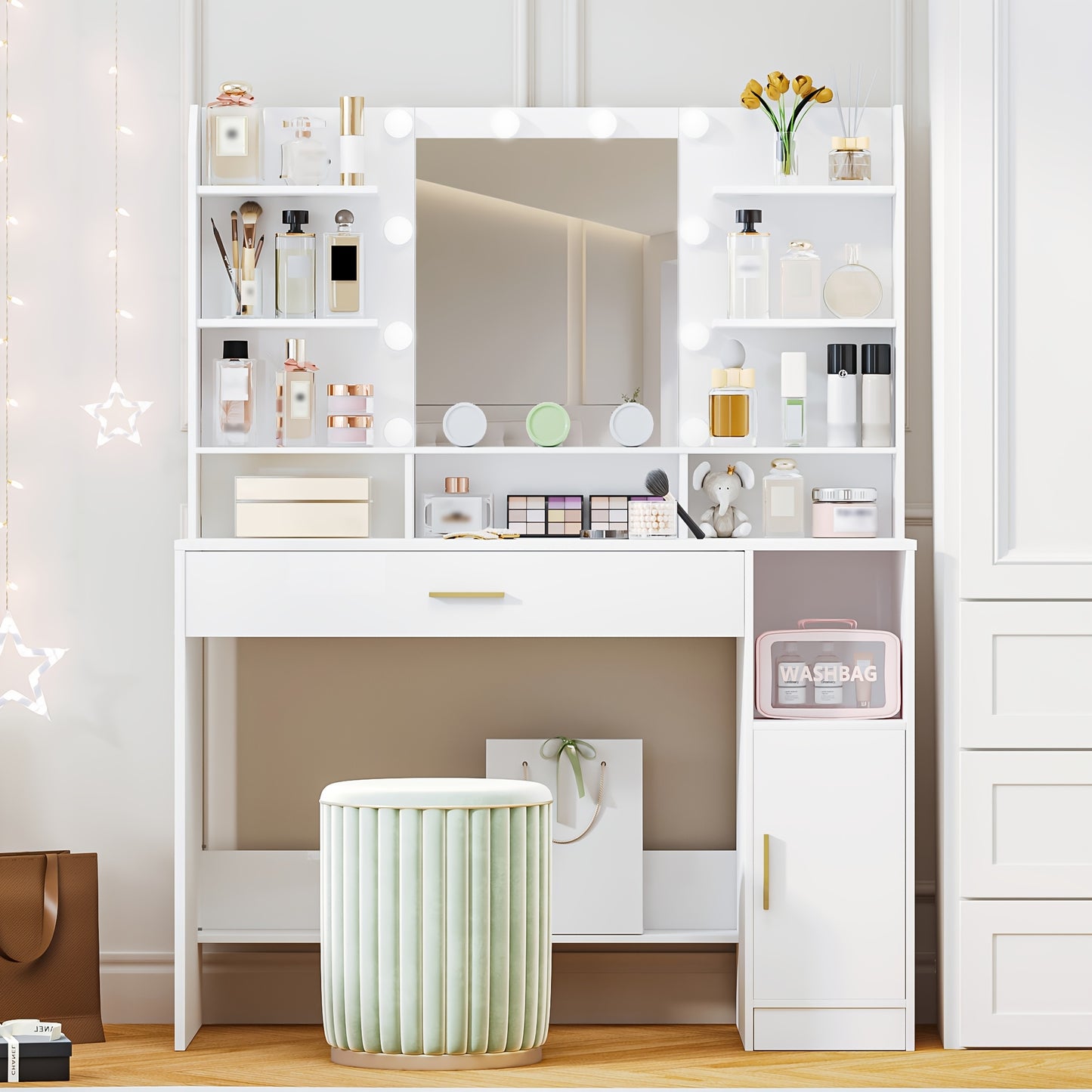 Jewelry Cabinet, Dressing Table, Large Tabletop with Mirror, Accessory Storage, LED Light with Adjustable Brightness, Organiser Drawers and Storage Cabinets, Open Shelves, for Bedroom, Cloakroom, White, Jewellery Cabinet, Clo - QUORE