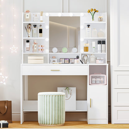 Jewelry Cabinet, Dressing Table, Large Tabletop with Mirror, Accessory Storage, LED Light with Adjustable Brightness, Organiser Drawers and Storage Cabinets, Open Shelves, for Bedroom, Cloakroom, White, Jewellery Cabinet, Clo - QUORE