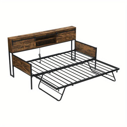 Slaapbank – Bedbank – Bankbed – Uitklapbank – 2-in-1 Sofa Bed – Zwart-Bruin – Met Opbergruimte Onder Zitting – Robuust Metaal-Hout Frame – Direct Gebruiksklaar Zonder Montage