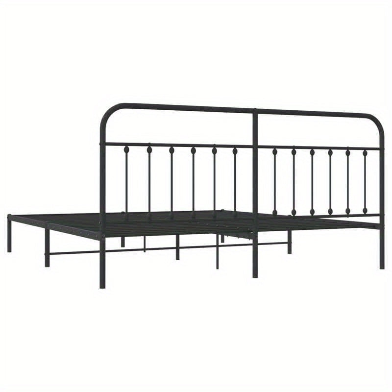 Modern Black Metal Bed Frame with Headboard, 193x203cm, Powder-Coated Steel for Strength & Stability, Minimalist Design for Contemporary Bedrooms
