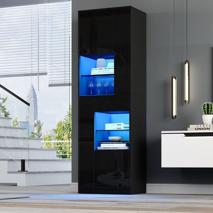 Dressoir – Opbergkast – Ladekast – Buffetkast – Kast – Zwart – Glazen Deuren – 55x38x170 cm – 4 Kasten & 1 Lade – Modern Minimalistisch Design