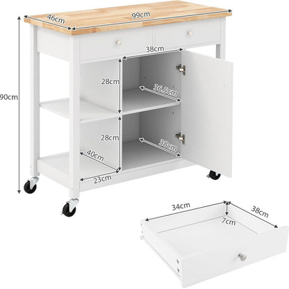 Keukenwagen – Keukentrolley – Serveerwagen – Opberkwagen – Verrijdbare Kast – Ruim Werkblad Rubberwood – 4 Zwenkwielen Met Remmen – Wit