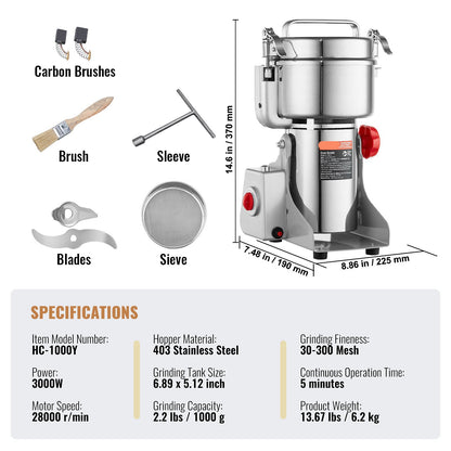 Elektrische Kruidenmaler – Specerijenmolen – Graanmaler – Meelmaker – Droogmaler – 1000g Inhoud – 2400W Krachtige Motor