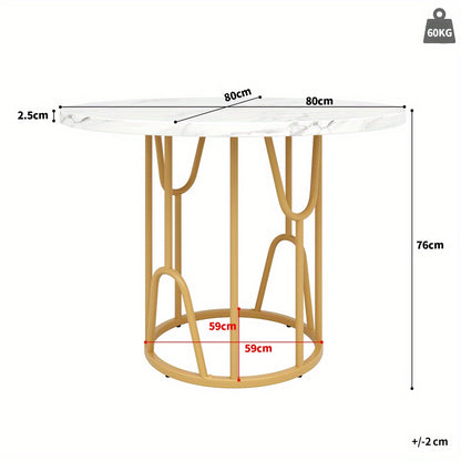 Ronde Eettafel – Ronde Tafel – Eetkamertafel – Keukentafel – Tafel – MDF Marmeren Blad – Gouden Metalen Poot – 80x80x76 cm – Voor 4-6 Personen