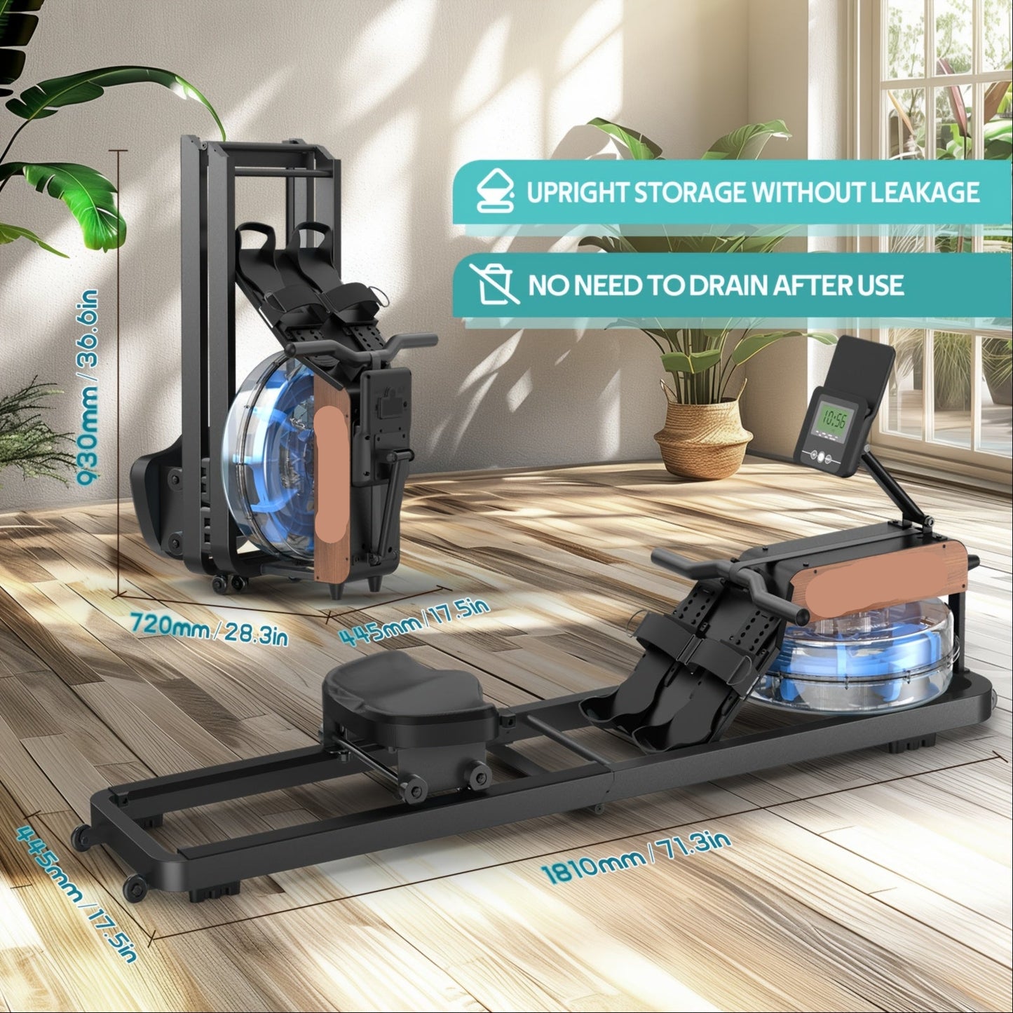 Waterroeimachine – Roeitrainer – Fitnessapparaat – Trainingsmachine – Compact – 6 Waterweerstanden – Inklapbaar - QUORE