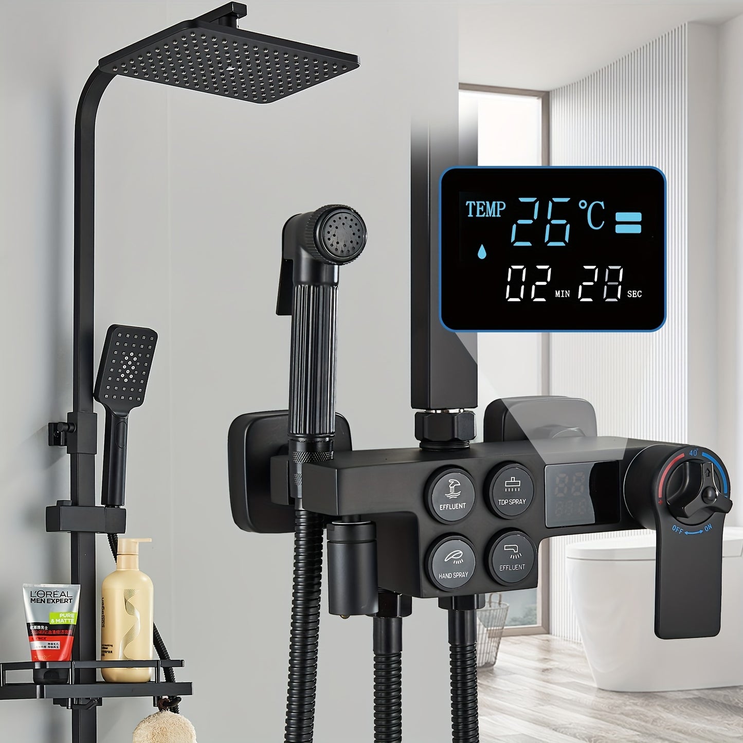 Thermostatische Doucheset – Regendouche – Douchekraan – Handdouche – Baduitloop – Matzwart – Messing – Digitale Temperatuurweergave
