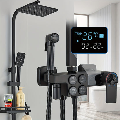 Thermostatische Doucheset – Regendouche – Douchekraan – Handdouche – Baduitloop – Matzwart – Messing – Digitale Temperatuurweergave