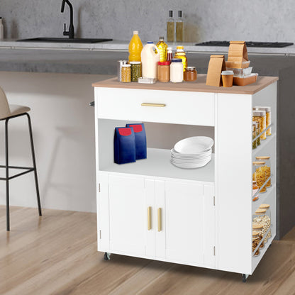 Keukenwagen – Mobiele Keukentrolley – Keukenwagen op Wieltjes – Keukenkastje – Keukenkar – Wit – Compact 68x39x85 cm – Met Werkblad en Remmen