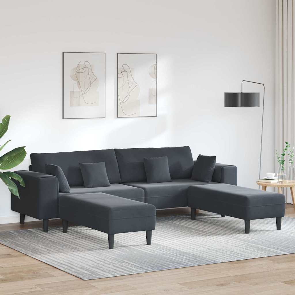 Bankstel – Hoekbank – Slaapbank – Loungebank – Zacht Velvet – Donkergrijs – Stevig Houten Frame – Inclusief Ottoman