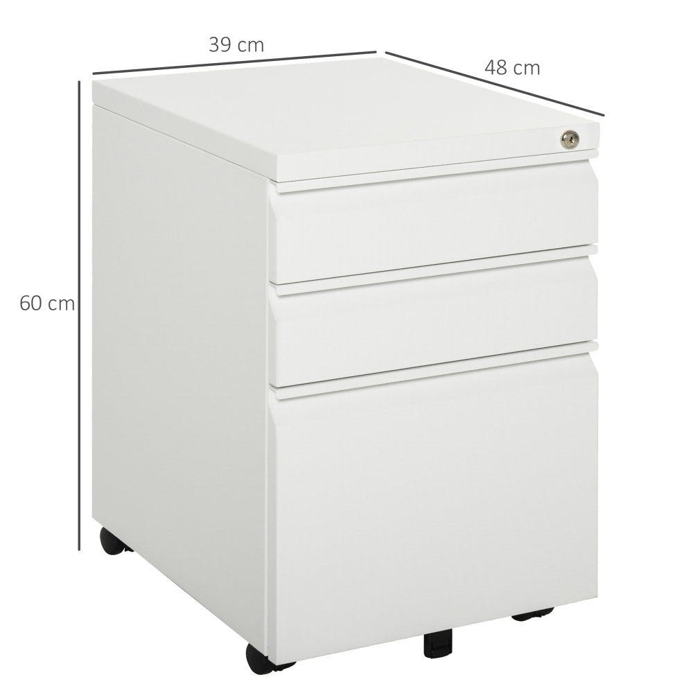 Mobiele Opbergkast – Bureaukast – Ladekast – Archiefkast – Werkplek Opberger – Wit – Stalen Constructie – Met Slot – 3 Lades – Wieltjes – Compact & Ruim