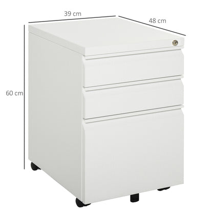 Mobiele Opbergkast – Bureaukast – Ladekast – Archiefkast – Werkplek Opberger – Wit – Stalen Constructie – Met Slot – 3 Lades – Wieltjes – Compact & Ruim