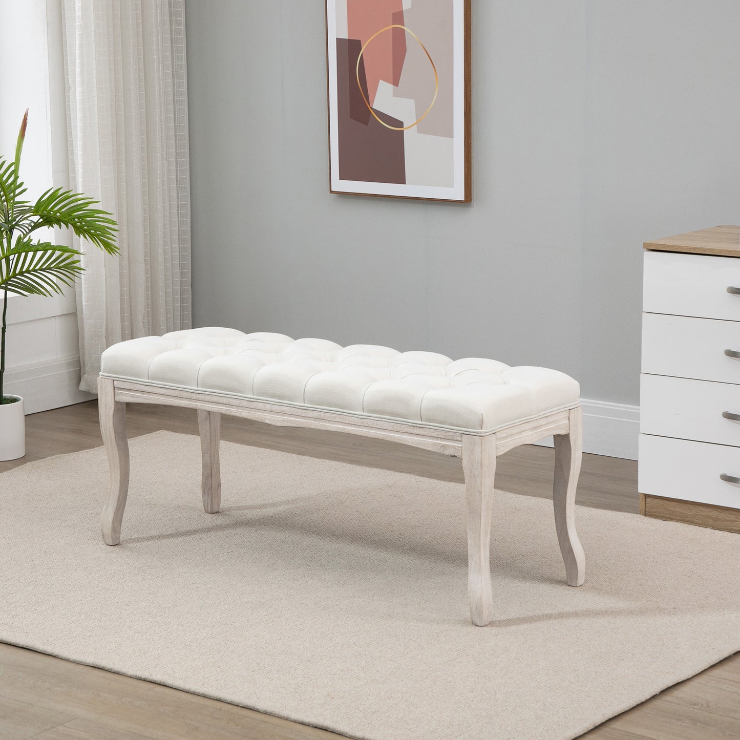 Gestoffeerde Bank – Schoenenbank – Zitbank – Opbergbank – Voetenbank – Linnen Bekleding – Houten Frame – 110 x 40 x 48 cm – Beige