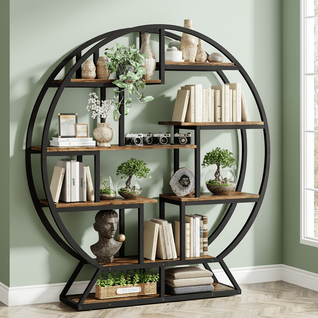 Ronde Boekenkast – Boekenplank – Boekenkast – Opbergkast – Displaykast – Rustic Brown – Ruimtebesparend Circulair Design – Stevige Houten Constructie met Zwart Metaallook