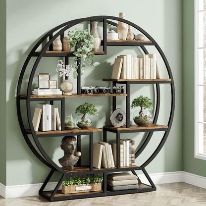 Ronde Boekenkast – Boekenplank – Boekenkast – Opbergkast – Displaykast – Rustic Brown – Ruimtebesparend Circulair Design – Stevige Houten Constructie met Zwart Metaallook