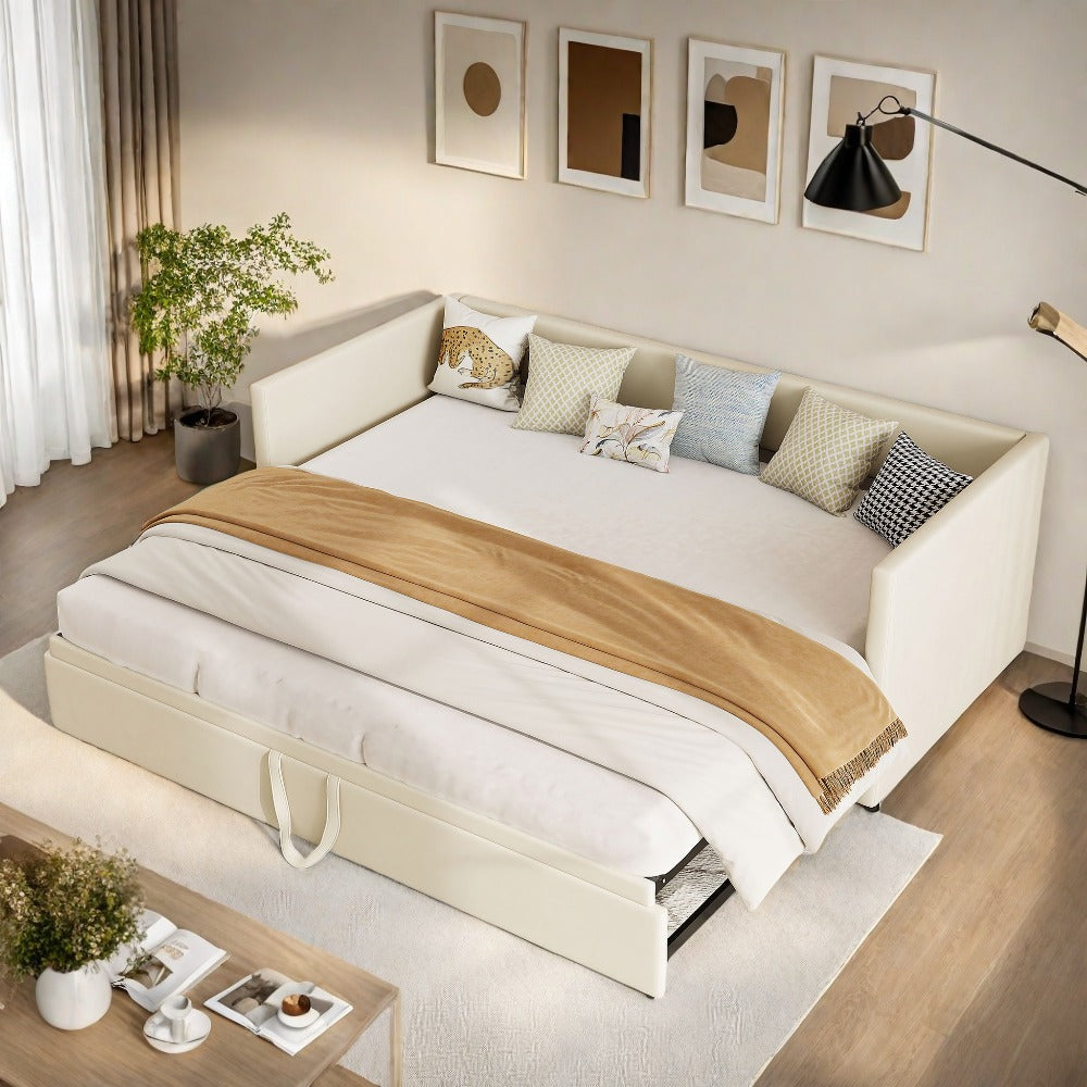 Uitschuifbare Bedbank – Slaapbank – Bedbank – Slaapbank Met Bed – Grijze Velvet Bekleding – 90/180x200 cm – Slim Uitschuifsysteem – Comfortabele Houten Lattenbodem
