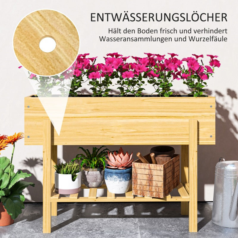 Verhoogde Plantenbak – Bloembak – Tuinbak – Plantenbak Met Opbergruimte – Balkonbak – Natuurlijk Hout – Extra Opbergrek – Waterafvoer Gaten – Duurzaam Vurenhout 100x30x70 cm