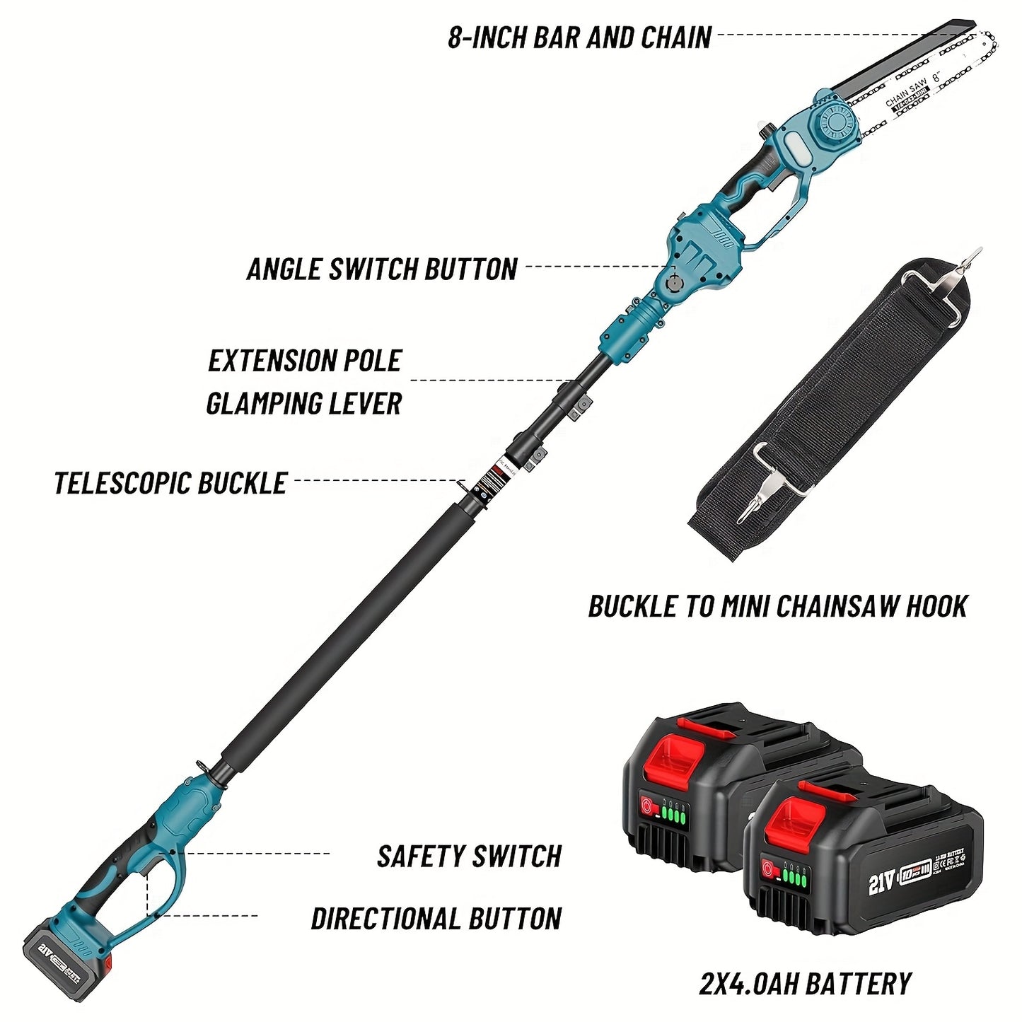 Kettingzaag – Snoeizaag – Takkenzaag – Mini Kettingzaag – Accu Kettingzaag – 800W Brushless Motor – Verstelbare Steel 20 cm