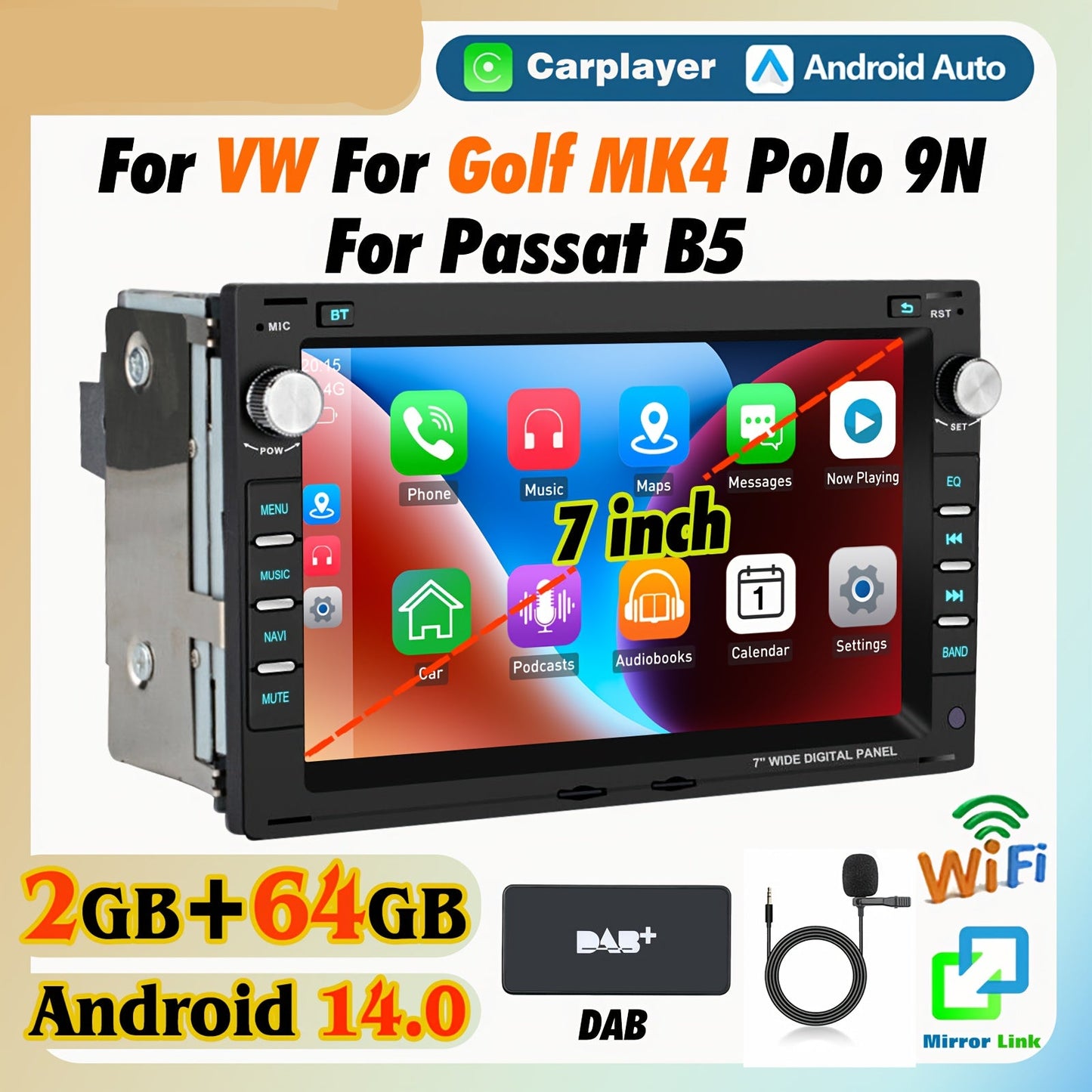 Multifunctionele Android 14 Autoradio – Car Stereo – Inbouwradio – Auto Multimedia – Navigatiesysteem – 7-Inch HD Touchscreen – Draadloze CarPlay & Android Auto – GPS Navigatie Met DAB+