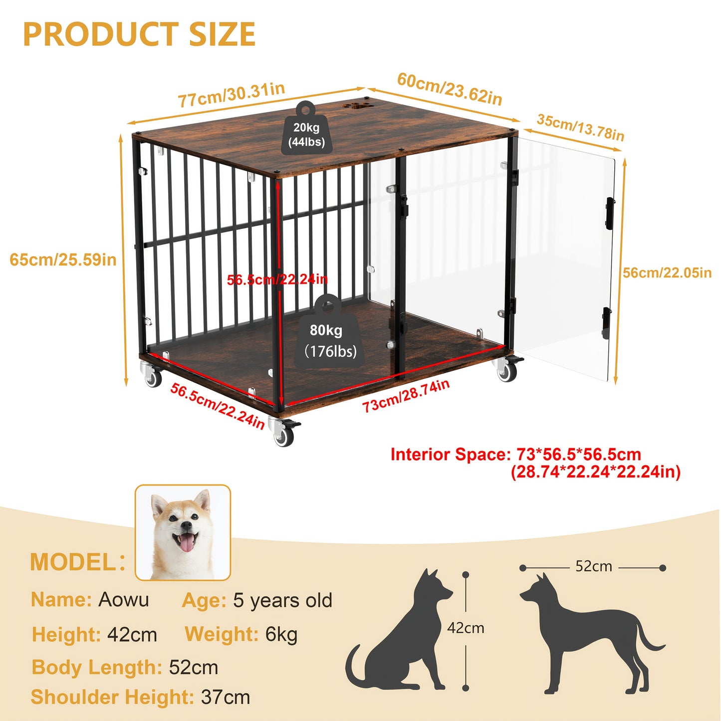Bingopaw Dog Crate Furniture, 73cm Tempered Glass Dog Crate, Modern Indoor Dog Crate, Suitable for Small/Medium/Large Dogs Weighing No More Than 80kg, Side Table, Home Dog Crate, 77x 60 x 65cm, with 4 Brake Wheels, 360° No B