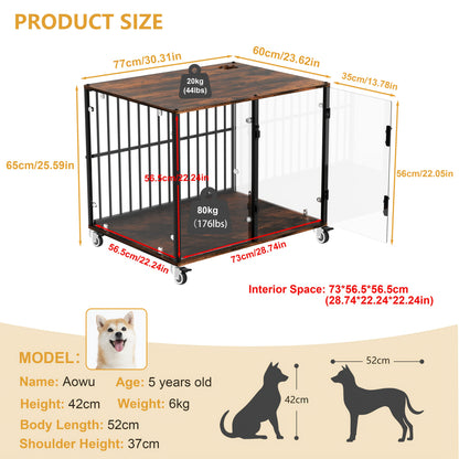 Bingopaw Dog Crate Furniture, 73cm Tempered Glass Dog Crate, Modern Indoor Dog Crate, Suitable for Small/Medium/Large Dogs Weighing No More Than 80kg, Side Table, Home Dog Crate, 77x 60 x 65cm, with 4 Brake Wheels, 360° No B