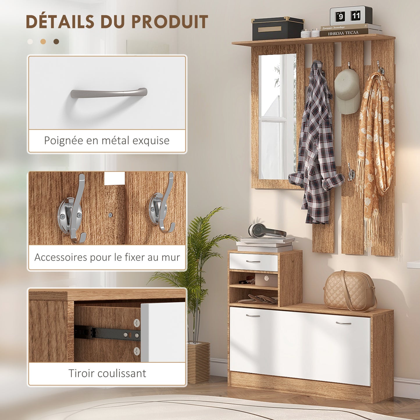 Halmeubel 3-in-1 – Kapstok – Schoenenkast – Spiegel – Opbergmeubel – Walnoot en Wit – 6 Haken – Verstelbare Plank