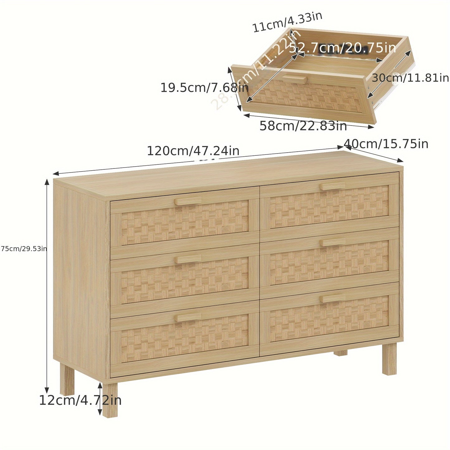 Sideboard – Dressoir – Ladekast – Opbergkast – Kast Met 6 Laden – Bamboe Frame – Rattan Laden – Ruime Opbergruimte – Modern Natuurlijk Design
