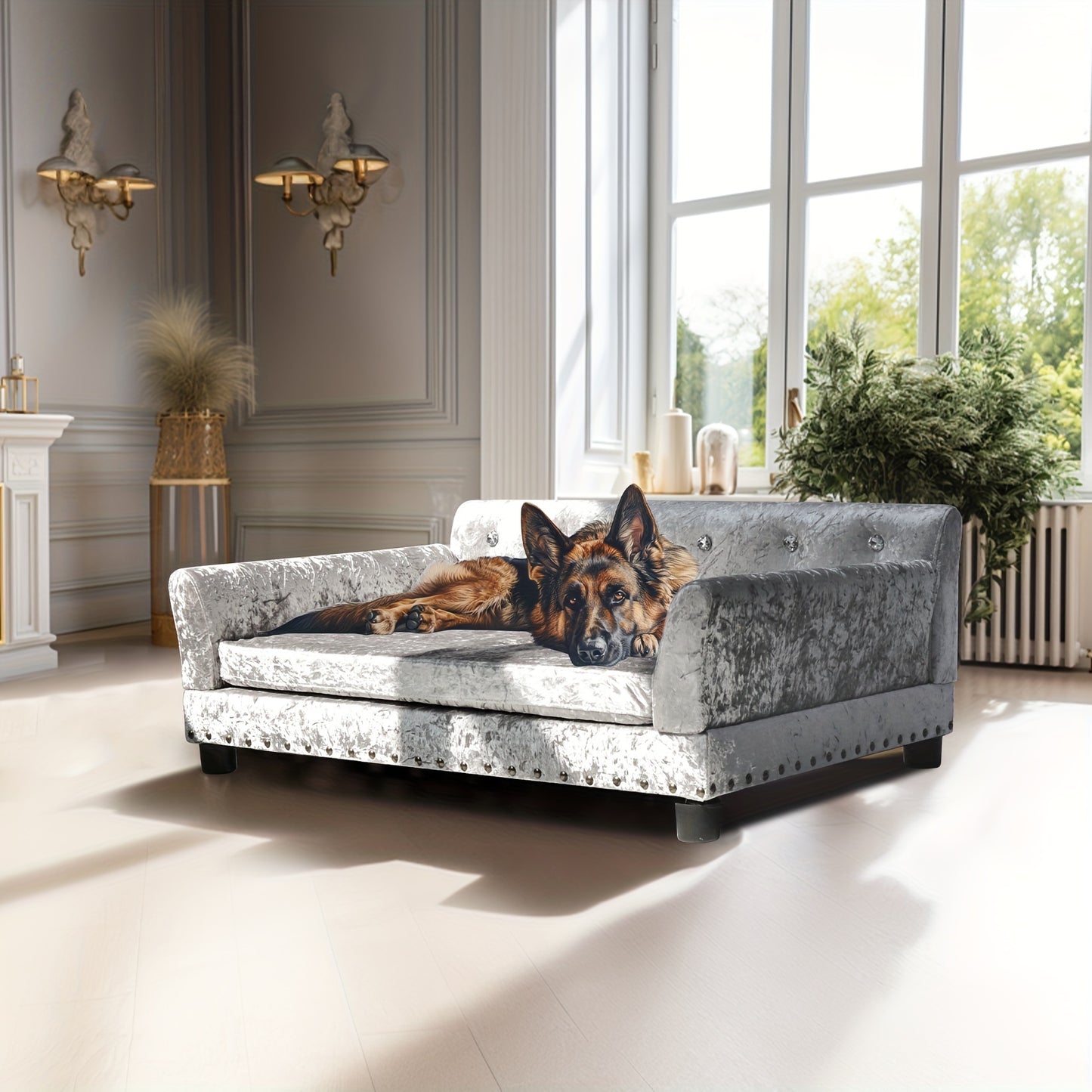 Hondenbankje – Hondenbed – Huisdier Sofa – Orthopedisch Bed – Hondenkussen – Eucalyptus Houten Frame – Nederlands Fluweel – Orthopedische Polyurethaanvulling – Verhoogde Constructie