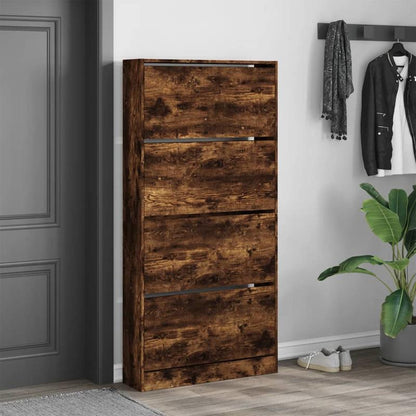 Shoe Cabinet with 4 Flap Drawers Measuring 80X21X163.5 Cm in Smoked Oak Color. This Stylish Shoe Cabinet Prevents Messy Shoes And Creates a Tidy Environment; The Metal Frame Provides Strength And Stability. The Cabinet Is Lig