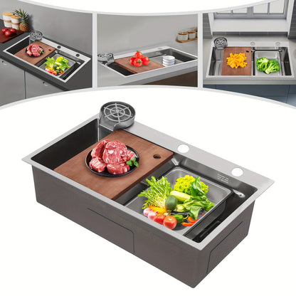 Spoelbak – Keukenspoelbak – RVS Wasbak – Inbouw Spoelbak – Multifunctionele Spoelbak – 304 RVS Met Nano-Coating – Inclusief Houten Snijplank & Afwateringsmand – 75x45x22 cm Silver