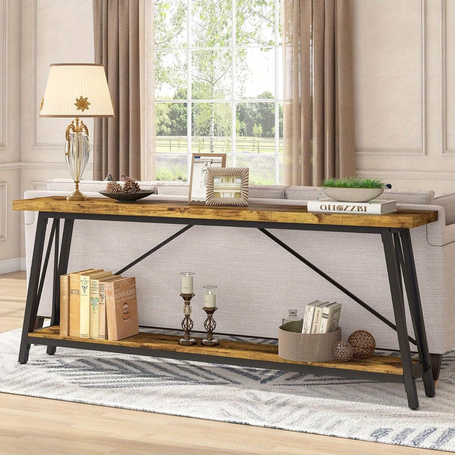 Sofa Tafel – Bijzettafel – Sidetable – Console Tafel – Haltafel – Extra Lang 180 cm – Industrieel Rustiek Bruin – Metalen Frame & Houten Blad – Ruimtebesparend Ontwerp