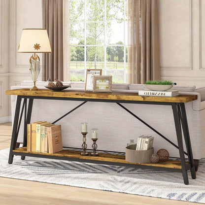 Sofa Tafel – Bijzettafel – Sidetable – Console Tafel – Haltafel – Extra Lang 180 cm – Industrieel Rustiek Bruin – Metalen Frame & Houten Blad – Ruimtebesparend Ontwerp
