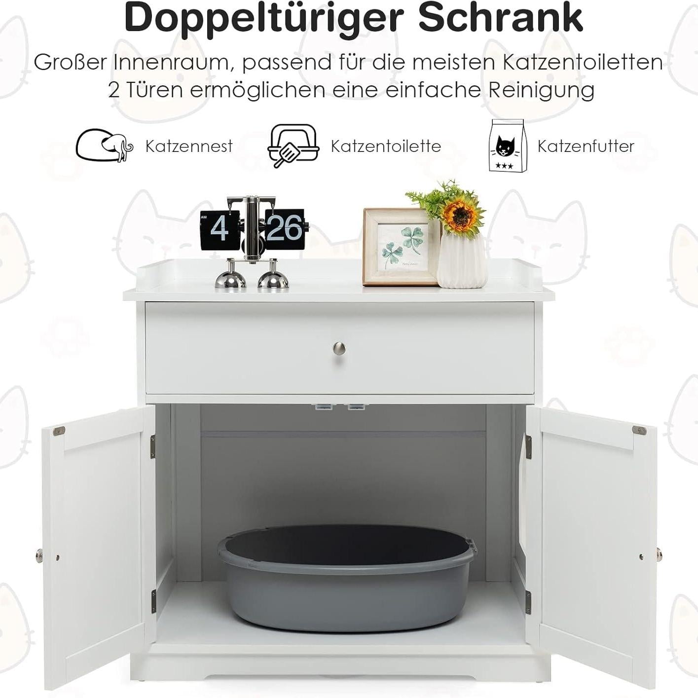 Kattenkast – Kattenhuis – Kattenbakkast – Kattenmeubel – Kattenverblijf – 3-in-1 Design – Ruime Lade – Wit MDF Met Ventilatie