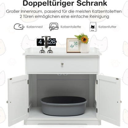 Kattenkast – Kattenhuis – Kattenbakkast – Kattenmeubel – Kattenverblijf – 3-in-1 Design – Ruime Lade – Wit MDF Met Ventilatie