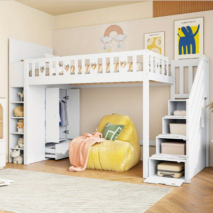 Hoogslaper – Stapelbed – Eenpersoonsbed – Opklapbed – Loftbed – Ruimtebesparend Ontwerp – 90x200 cm Wit Met Opbergladder En Planken