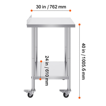RVS Werktafel – Roestvrijstalen Werkbank – Keukentafel – Werkblad – Bordes – Verstelbare Legplanken – 61x76x102 cm – Met Wieltjes en Remmen