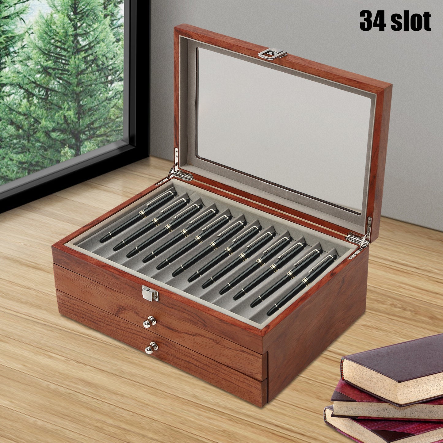 Penbox – Pennendoos – Pennenhouder – Bureau Organizer – Pennenetui – Massief Rozenhout – 34 Vakjes – Veilige Sluiting
