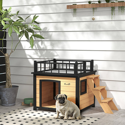 Hondenhok – Hondenhuis – Hondenkennel – Buitenhok – Hondenverblijf – Weerbestendig Hout – Met Dakterras 121x77x78 cm – Zwart/Geel