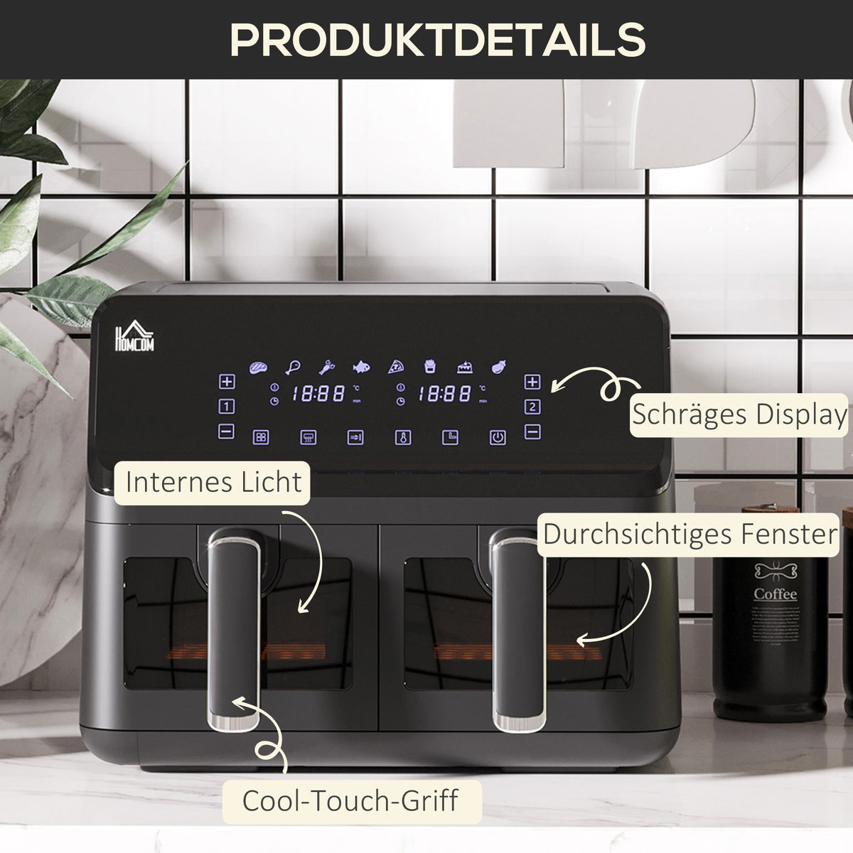 Heteluchtfriteuse – Airfryer – Friteuse – Luchtfriteuse – Dubbele Mand – 2x4L Manden – 8 Programma’s – Timer en Licht – Zwart – Compact formaat