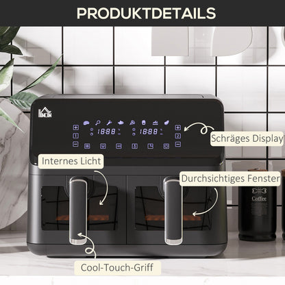 Heteluchtfriteuse – Airfryer – Friteuse – Luchtfriteuse – Dubbele Mand – 2x4L Manden – 8 Programma’s – Timer en Licht – Zwart – Compact formaat
