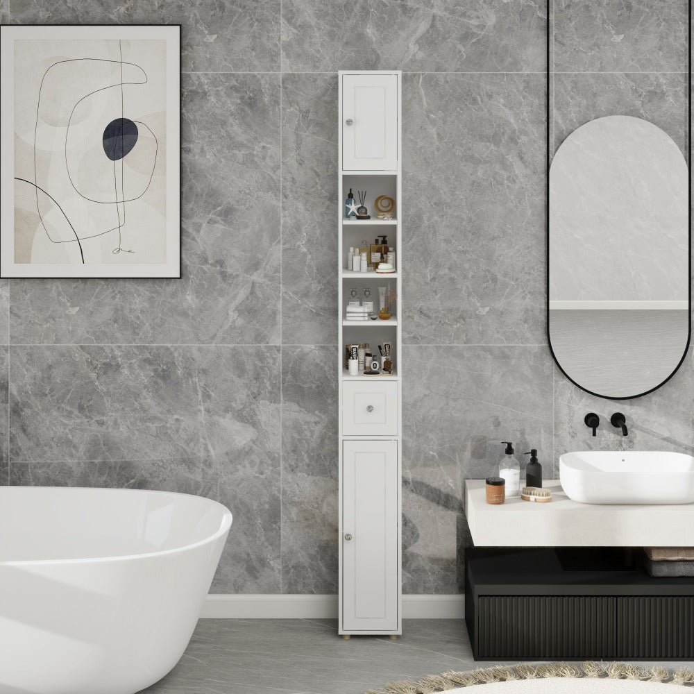 Badkamerkast – Medicijnkast – Kolomkast – Opbergkast – Wastafelonderkast – Hoog en Slank – 180 cm – 2 Deuren, 1 Lade, 4 Verstelbare Planken – Vrijstaand – Wit