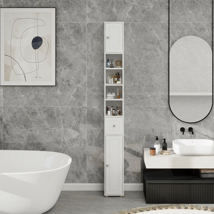 Badkamerkast – Medicijnkast – Kolomkast – Opbergkast – Wastafelonderkast – Hoog en Slank – 180 cm – 2 Deuren, 1 Lade, 4 Verstelbare Planken – Vrijstaand – Wit