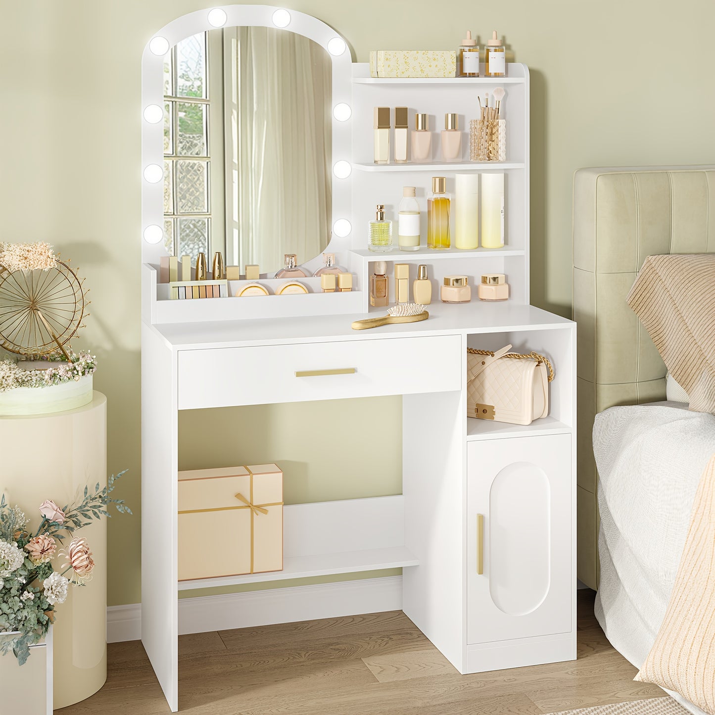 Toilettafel – Kaptafel – Make-up Tafel – Opmaaktafel – Dressoir – Ruime Opbergruimte en Anti-kantelbeveiliging – Compacte Witte MDF Spaanplaat Kaptafel met Ovale Spiegel en Gouden Poten
