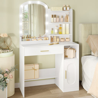 Toilettafel – Kaptafel – Make-up Tafel – Opmaaktafel – Dressoir – Ruime Opbergruimte en Anti-kantelbeveiliging – Compacte Witte MDF Spaanplaat Kaptafel met Ovale Spiegel en Gouden Poten