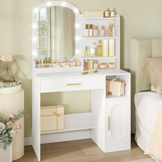 Toilettafel – Kaptafel – Make-up Tafel – Opmaaktafel – Dressoir – Ruime Opbergruimte en Anti-kantelbeveiliging – Compacte Witte MDF Spaanplaat Kaptafel met Ovale Spiegel en Gouden Poten